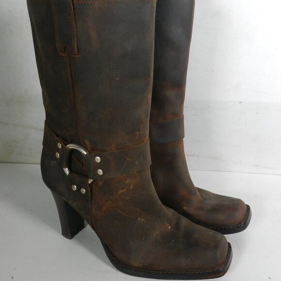 Michael Kors Brown Genuine Leather Hi Heeled Buckle Boots Women's Size 8.5 - Picture 1 of 13